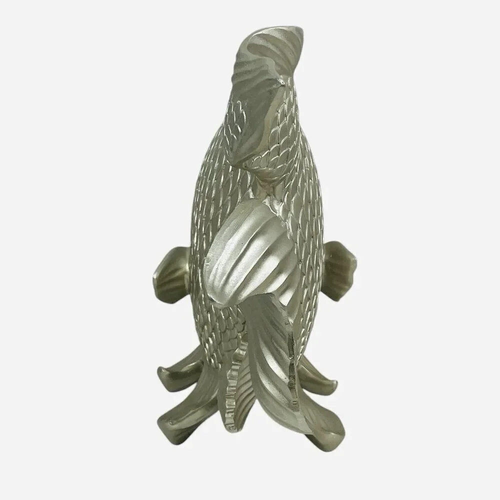 Large Silver Fantail Fish Resin Statue Jewel Rhinestone Eyes Sculpture Decor Art